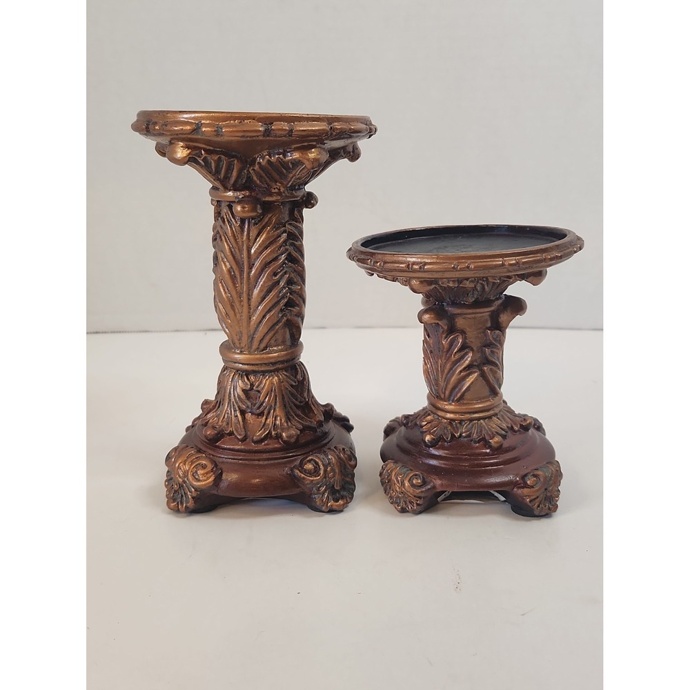 Vtg '03 Goldtone Baroque Pillar Candle Holder Pedestals Staggered Set of 2 Resin